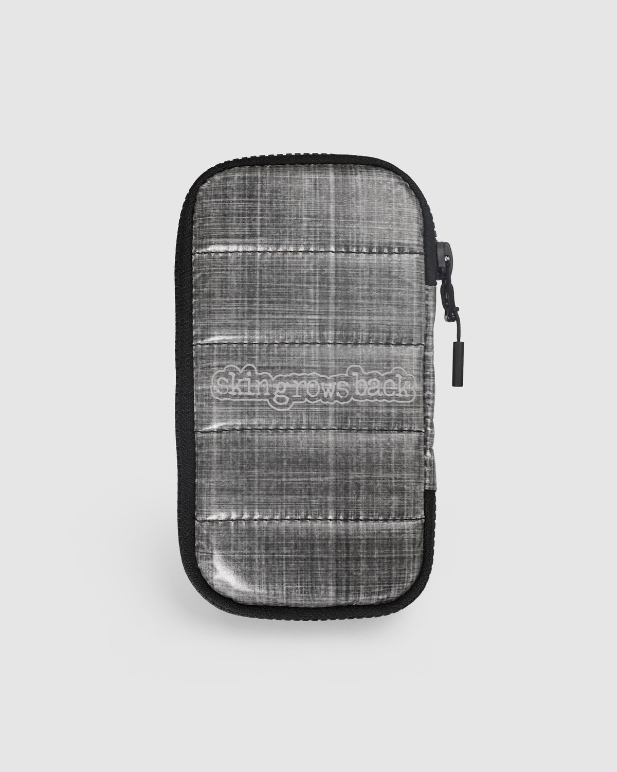 skingrowsback phone jacket with dyneema silver zip case with logo on a grey background