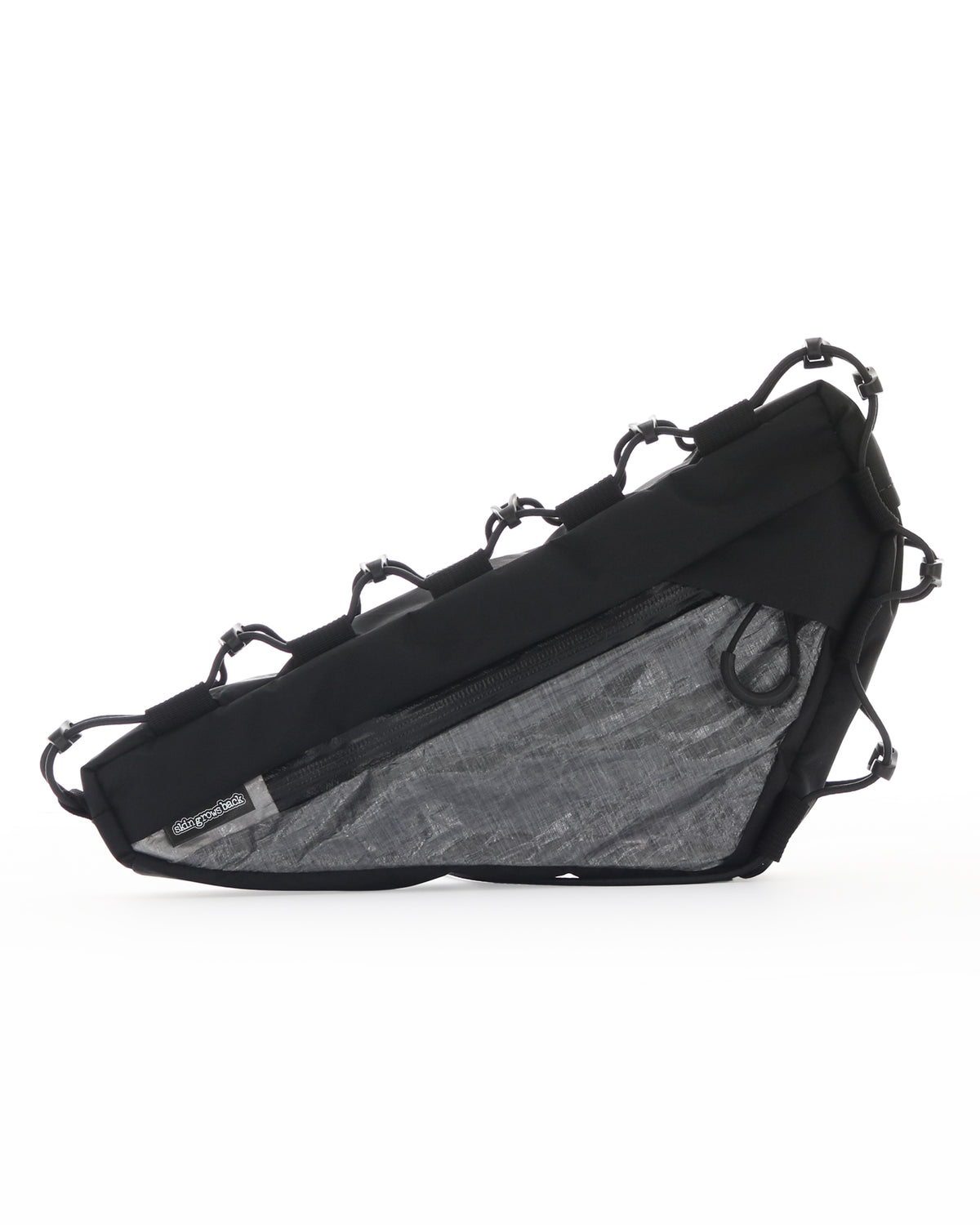 Skingrowsback Wedge Racing frame bag black xpac vx21 silver dyneema on a white background