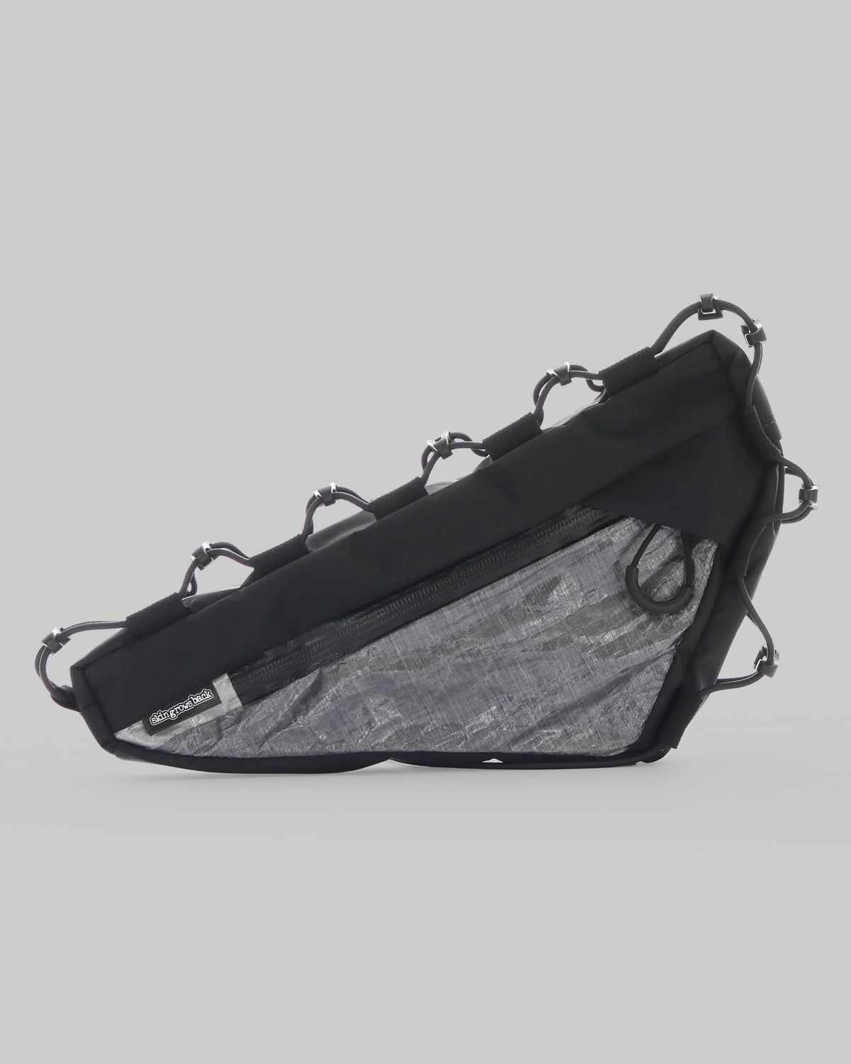 Skingrowsback Wedge Racing frame bag black xpac vx21 silver dyneema on a white background