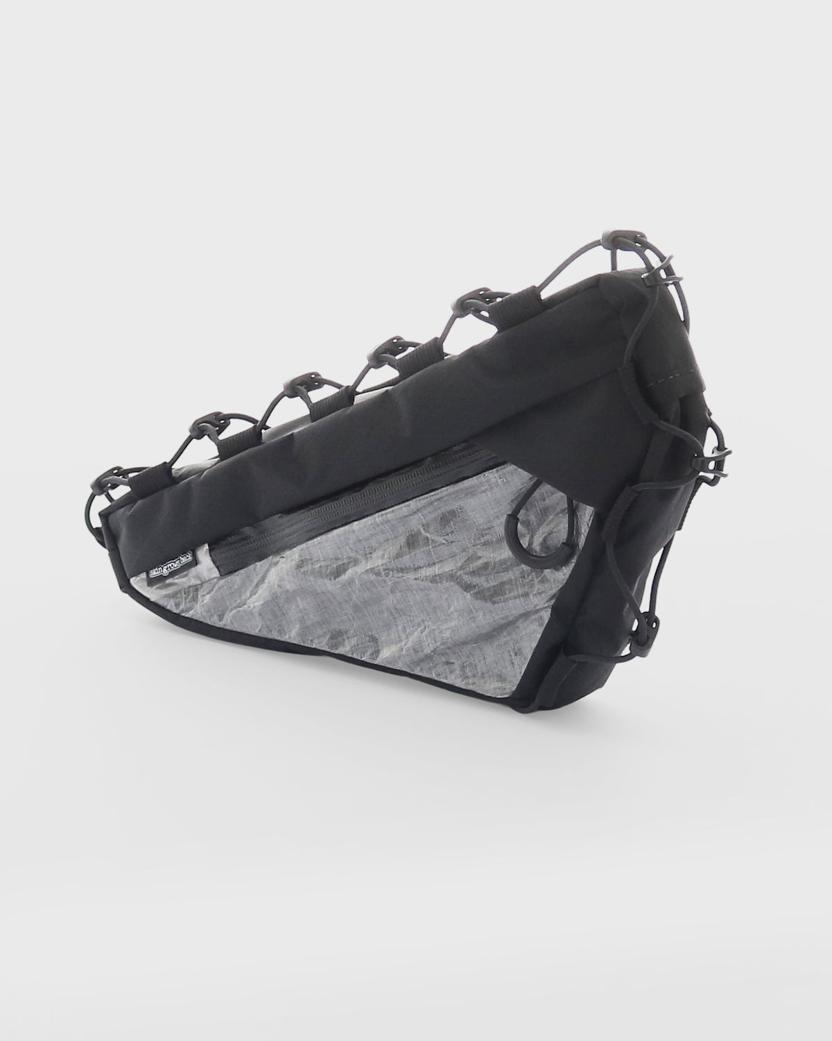 Skingrowsback Wedge Racing frame bag black xpac vx21 silver dyneema on a white background