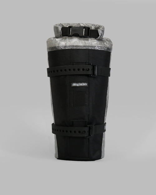 Skingrowsback transcend racing series moai bikepacking fork bag black xpac vx21 with silver dyneema against a grey background