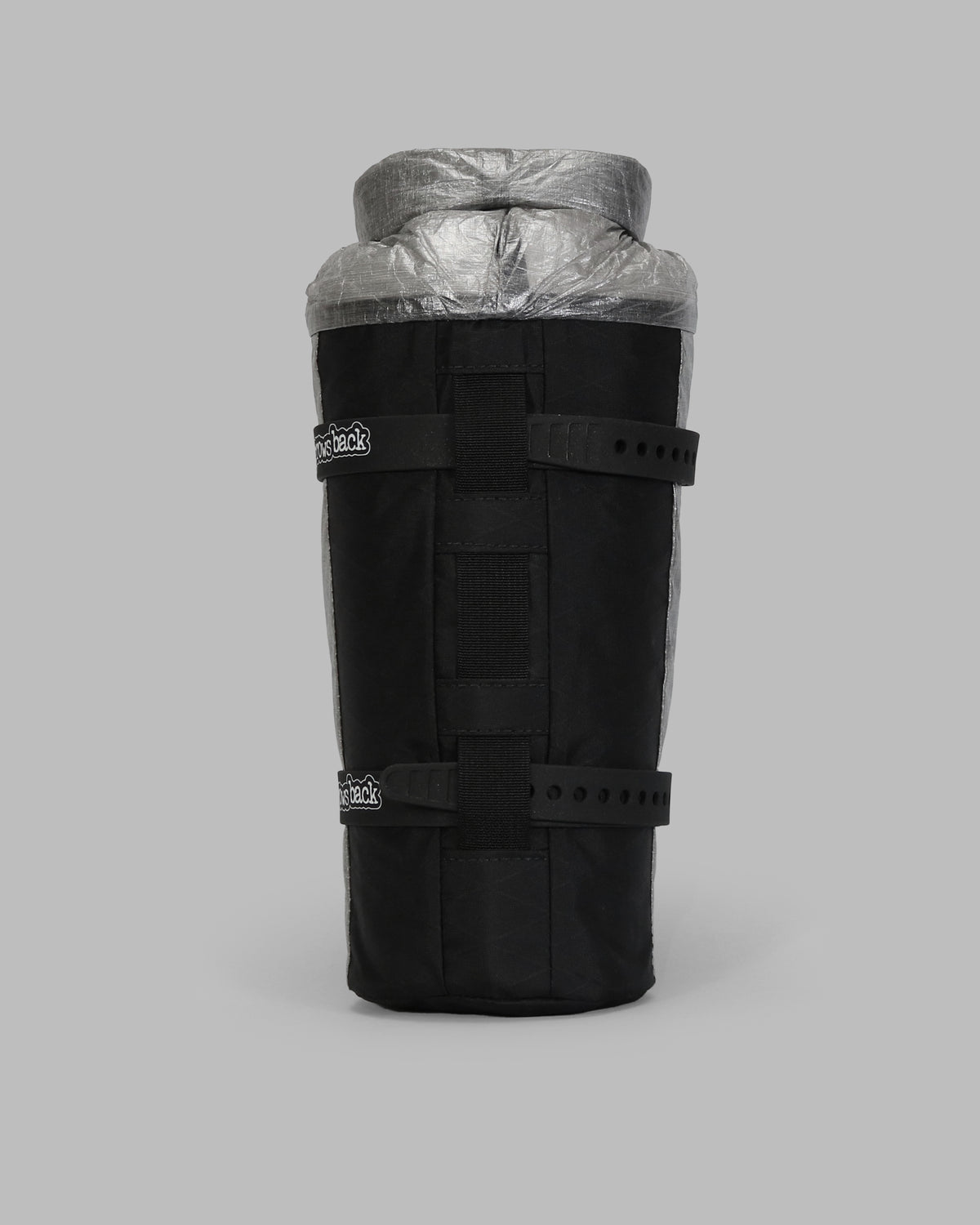 Skingrowsback transcend racing series moai bikepacking fork bag black xpac vx21 with silver dyneema against a grey background