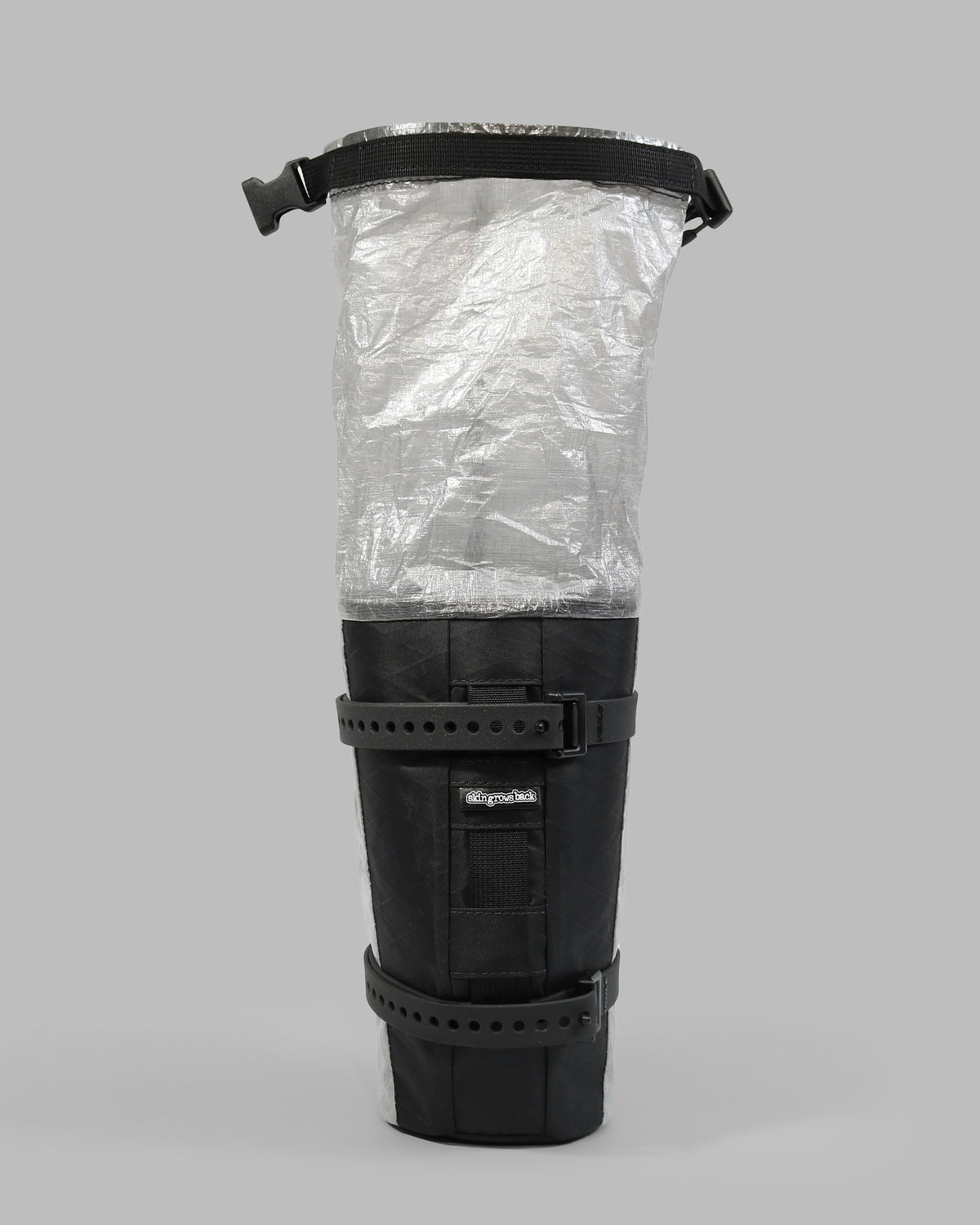 Skingrowsback transcend racing series moai bikepacking fork bag black xpac vx21 with silver dyneema against a grey background