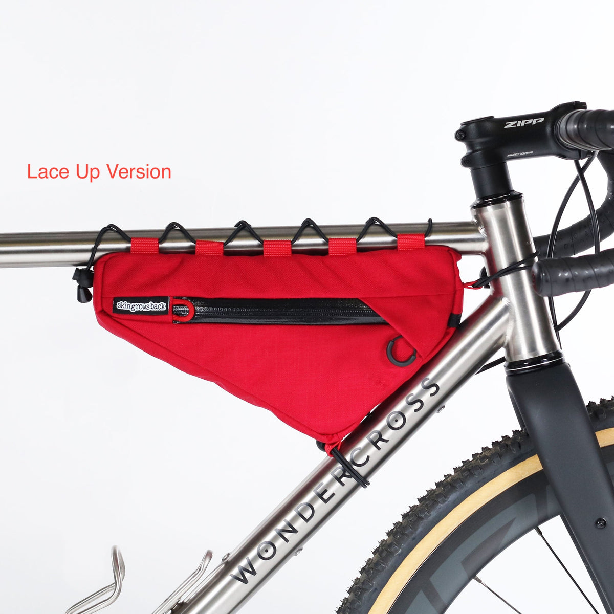 skingrowsback wedge frame bag cycling gravel bike imperial red lace up